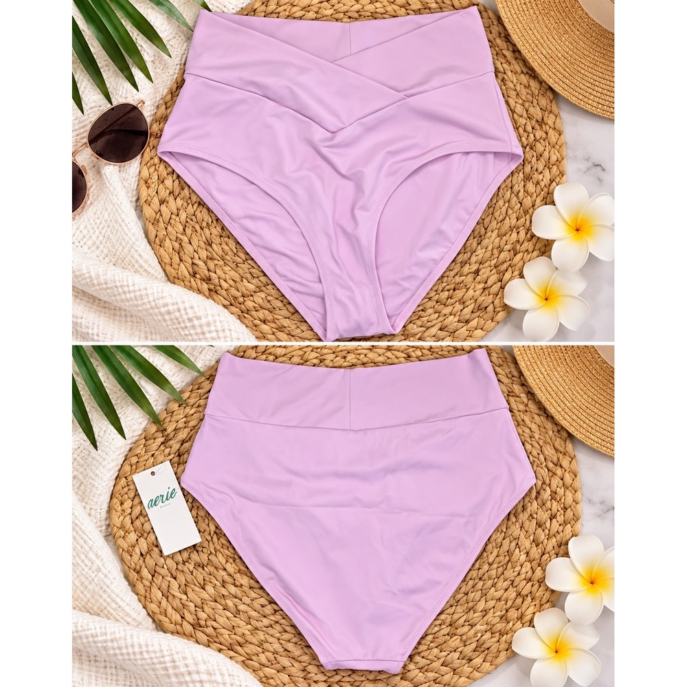 Aerie High Waisted Crossover Full Coverage Bikini Bottom Pink Small NWT
